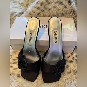 Caparros Black Satin Slide Mules with Floral Appliqué
